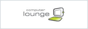 Logo of computer lounge with stylized text beside a simple, abstract graphic of an open laptop in green and gray colors on a white background.