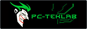 Logo for PC-TEKLAB featuring a stylized, green and white face with spiky hair on the left and circuit lines on the right, with PC-TEKLAB in bright green text in the center on a black background.