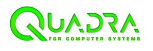 Logo for Quadra for Computer Systems in bright green, featuring stylized, geometric lettering on a white background.