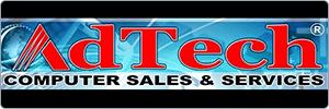 AdTech logo with the text AdTech COMPUTER SALES & SERVICES on a blue tech-themed background featuring circuit patterns and a globe motif.