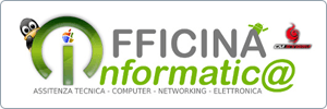 Logo for Officina Informatic@, featuring a green O with a penguin and two small icons, and text for technical assistance, computer, networking, and electronics services.