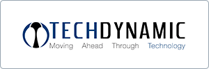 Logo for TechDynamic with a blue and black circular symbol on the left, followed by the company name in bold letters. Below, the tagline reads: Moving Ahead Through Technology, with Technology in blue.