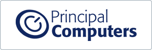 Logo for Principal Computers featuring a circular icon with a check mark inside, followed by the text Principal Computers in blue font on a white background.