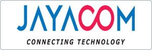Jayacom logo with the tagline Connecting Technology. The letters COM are styled in pink with the O and M connected, while the rest of the text is in blue and black on a white background.