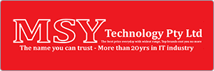 Logo for MSY Technology Pty Ltd on a red background, with the slogan The name you can trust - More than 20 yrs in IT industry and a tagline about best prices and top brands in smaller text above.