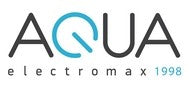 Logo for AQUA electromax 1998. The word AQUA is in large black letters, with the Q styled in cyan blue. Below, electromax is in lowercase black letters, and 1998 is in cyan blue.