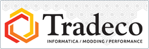 Logo for Tradeco featuring a geometric hexagon design in red, orange, and yellow, with the text Tradeco in bold. Below are the words INFORMATICA / MODDING / PERFORMANCE on a patterned gray background.