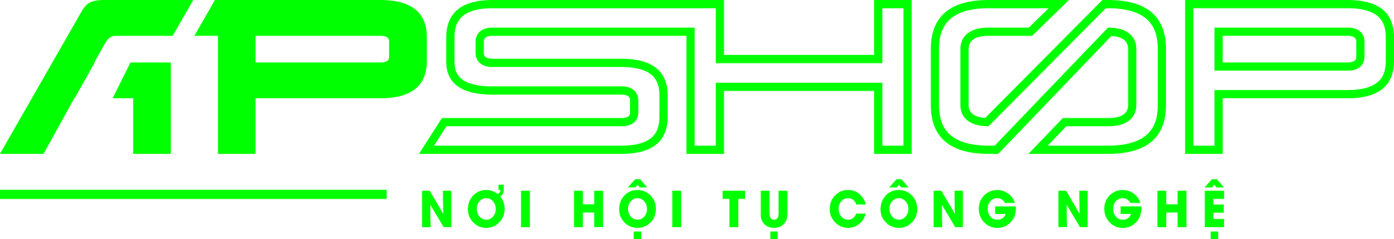Bright green logo text “APSHOP” with stylized letters and a line underneath AP. Below, in smaller green text, it says “NƠI HỘI TỤ CÔNG NGHỆ” on a black background.