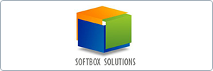 A colorful 3D cube logo with orange, green, and blue faces, above the text SOFTBOX SOLUTIONS in a modern font on a white background.