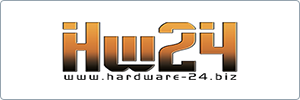 Logo with the text Hw24 in bold, stylized orange and black gradient letters. Below, the website www.hardware-24.biz is written in a smaller, black, rounded font. White background with a thin border.