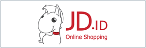 Logo of JD.ID featuring a smiling white cartoon horse with a red collar on the left, and the text JD.ID Online Shopping in red on the right.