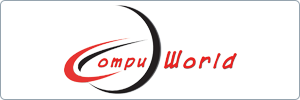 Logo with the text Compu World in red stylized font, featuring a swooping red and black curved design forming a semi-circle around the text on a white background.