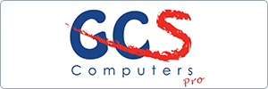 Logo with the text GCS Computers in blue; the S is handwritten in red with a red slash through Computers and the word Pro written in red in the lower right corner.