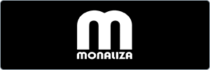 A bold, white lowercase letter m with small text MONALIZA beneath it, centered on a black background.