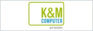 Logo for K&M Computer. The K&M text is in large green letters, COMPUTER is in smaller blue letters below, and gut beraten. is written in gray at the bottom, all on a white background with a green border.
