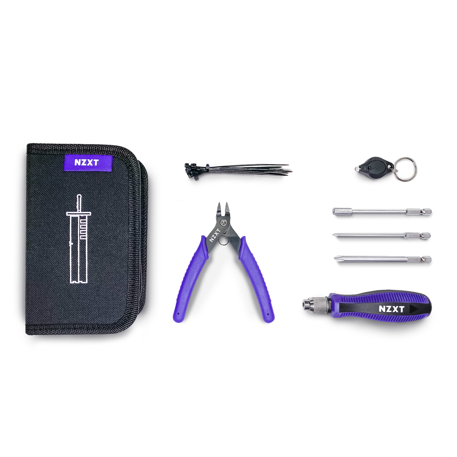 The NZXT BLD Toolkit includes a zippered case, wire cutter, zip ties, keychain, three screwdriver bits, and a purple-handled multi-bit screwdriver—everything organized for easy PC building.