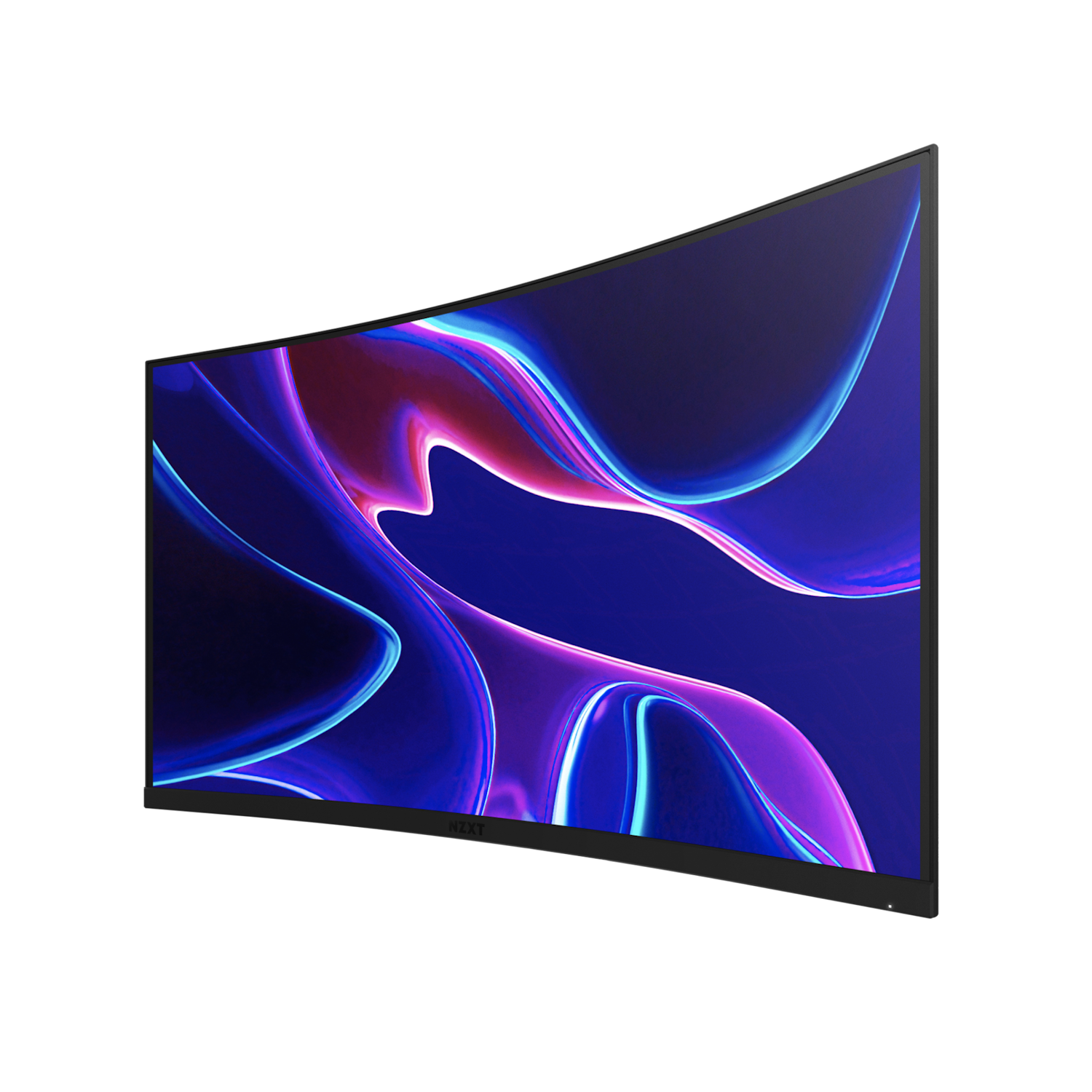 The NZXT Canvas 32Q Curved (Panel Only) computer monitor with QHD resolution displays vivid abstract neon blue and purple waves on a black screen, viewed from a front-left angle.