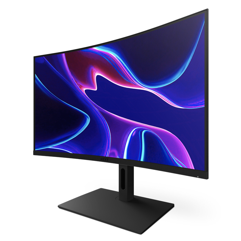 The NZXT Canvas 32Q Curved gaming monitor features a black stand, a vivid abstract blue, purple, and pink light streaks display, and Quad-HD resolution for stunning clarity.