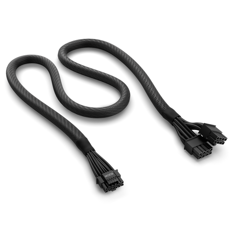 Full view of the black 12VHPWR braided cable showing the 16-pin 600W connector and the PCIe 5.0 Dual 8-Pin Connectors