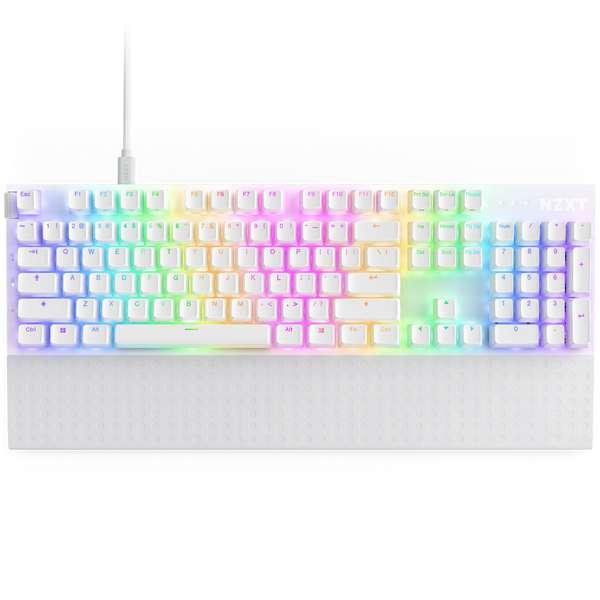 The NZXT Function 2 is a white mechanical keyboard with optical switches, RGB pastel rainbow backlighting, a matching white wrist rest, and an 8-foot white cable for connection.