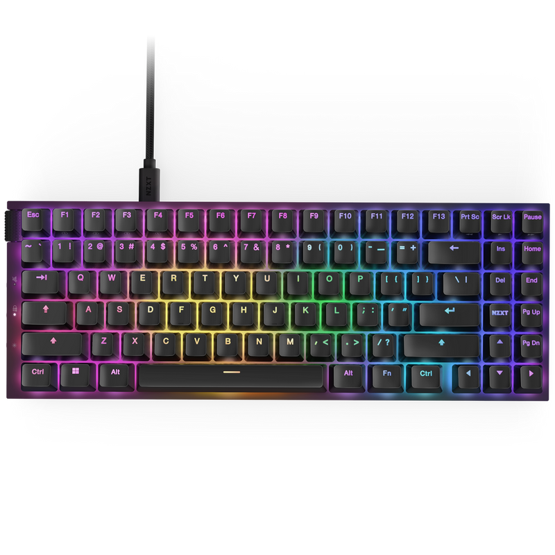 The NZXT Function 2 MiniTKL is a compact mechanical keyboard with a tenkeyless layout, rainbow gradient RGB backlit keys, linear optical switches, and a black USB cable for reliable connectivity.