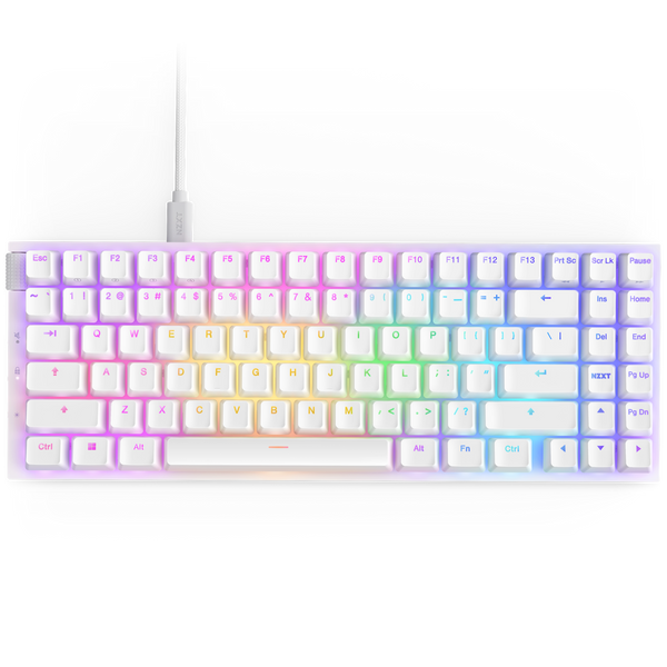 The NZXT Function 2 MiniTKL is a white, compact wired keyboard with RGB pastel-gradient backlit keys, a minimalist design without a numeric keypad, and smooth linear optical switches.