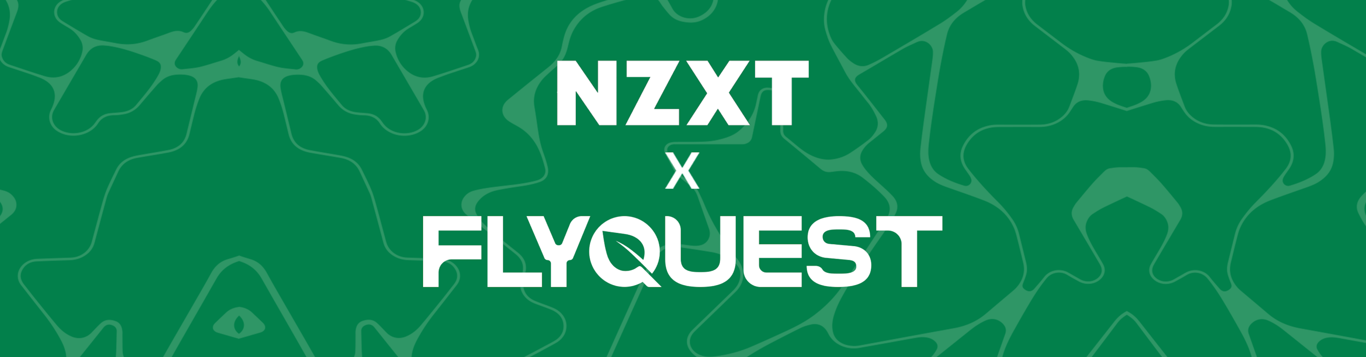 Green patterned background with bold white text that reads NZXT x FLYQUEST in the center.