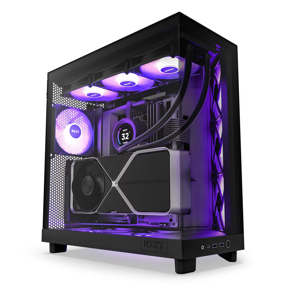 A sleek, black gaming PC with a transparent side panel displays internal components illuminated by purple LED lights, including a large graphics card, cooling fans, and an NZXT CPU cooler.
