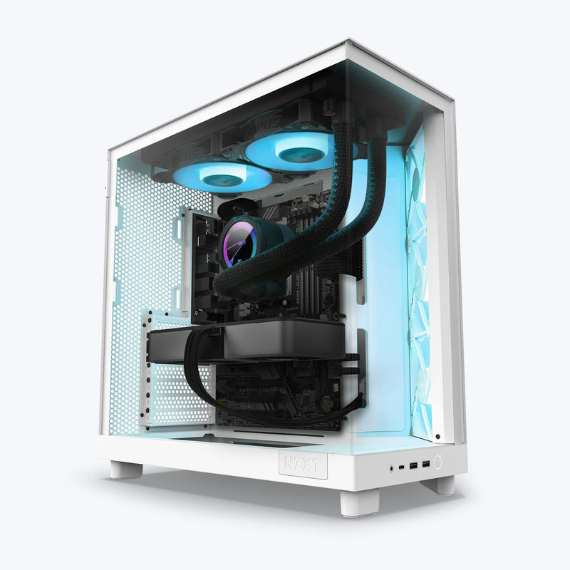 The NZXT Refurbished Player Two Prime (#8475) is a white desktop case with a transparent side panel, revealing RGB-lit fans and liquid cooling tubes in blue lighting—ideal for gaming PCs and featuring a certified refurbished build.