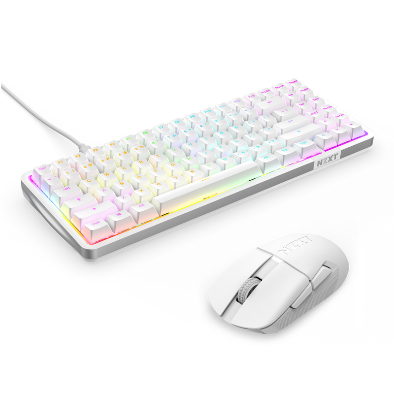 The NZXT Function Elite MiniTKL mechanical keyboard with adjustable actuation and RGB lighting, connected by a white cable, pairs with the matching NZXT Lift Elite Wireless mouse—both in white for a coordinated setup.
