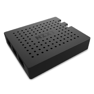 The NZXT RGB and Fan Controller is a black rectangular device with perforated holes on top, multiple side ports, and the NZXT brand name visible on its surface.