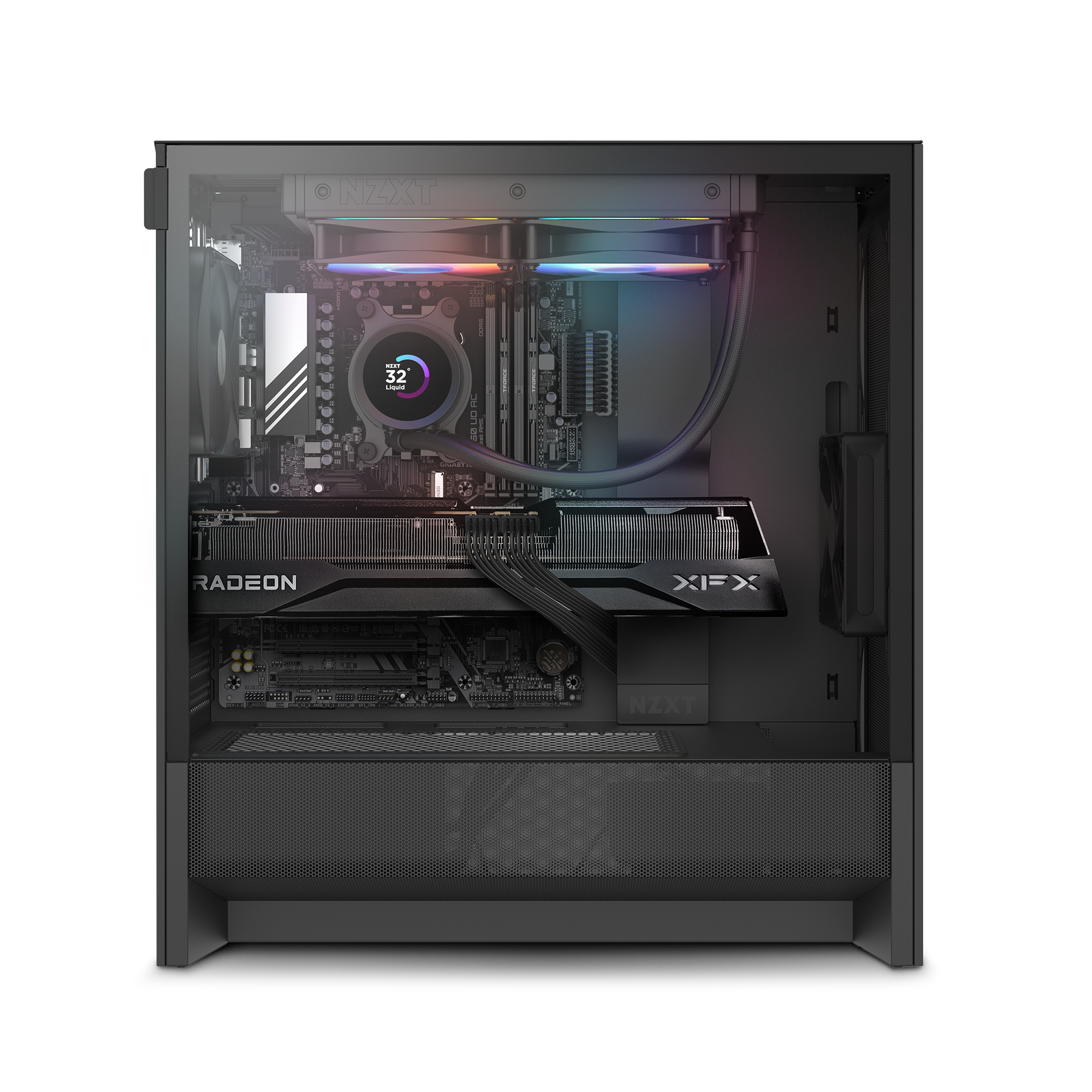 A side view of the NZXT Player PC | AMD 9070 XT Edition shows RGB-lit liquid cooling and a clean black interior, with neatly organized components and cables inside a tempered glass case for a sleek, modern look.