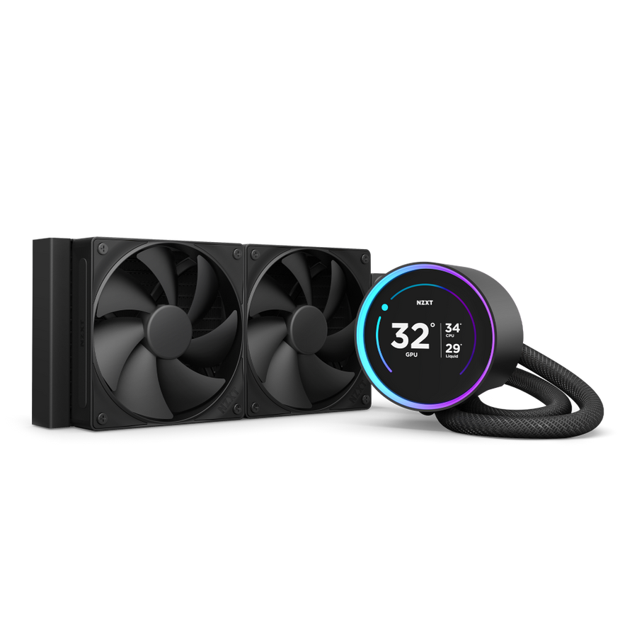 The NZXT Kraken Elite 240 is a black liquid CPU cooler with dual fans, an NZXT Turbine pump, a circular digital temperature display with an RGB ring, and braided tubes.