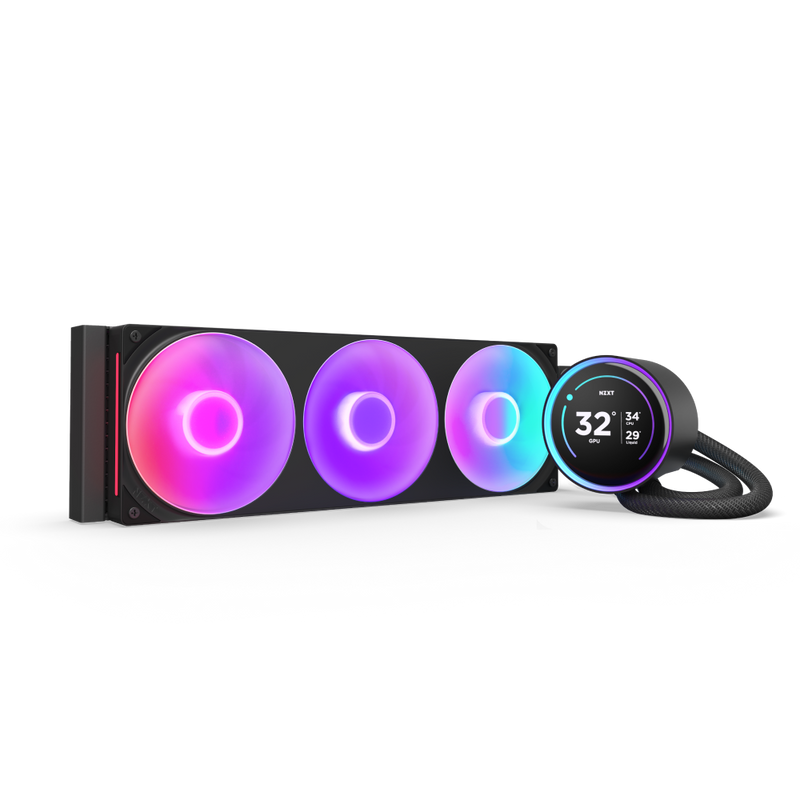 The NZXT Kraken Elite 420 RGB is a liquid cooling system with three RGB fans, a circular RGB display for temps and stats, Turbine pump tech, and durable braided tubes.