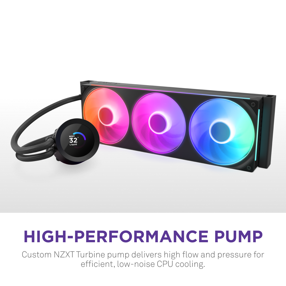 The NZXT Kraken Plus 360 RGB is an RGB AIO liquid cooler with three RGB fans and a custom LCD pump showing “32°C,” delivering efficient, low-noise CPU cooling. Compatible with NZXT CAM software for advanced control.