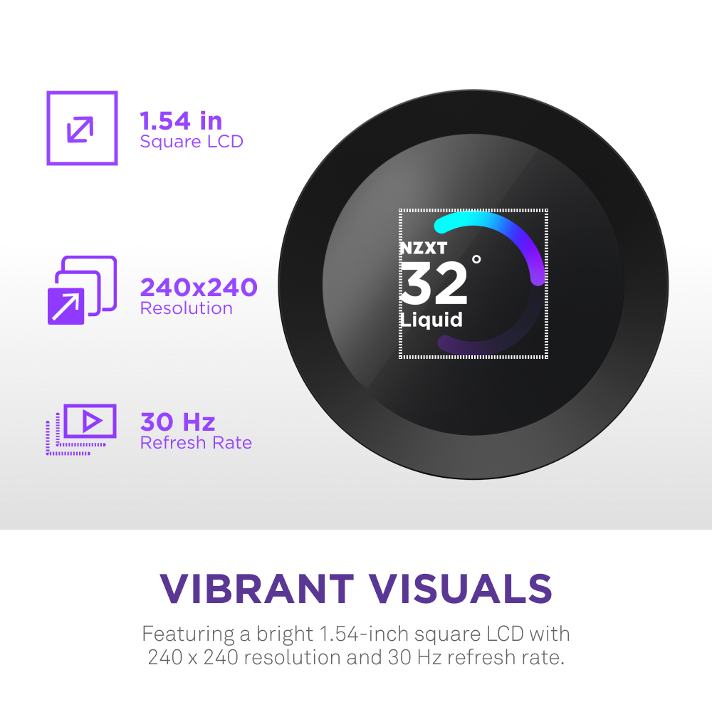 The NZXT Kraken Plus 360 RGB features a 1.54-inch square custom LCD screen with 240x240 resolution and 30 Hz refresh rate, shown displaying 32 and Liquid, with the caption Vibrant Visuals.