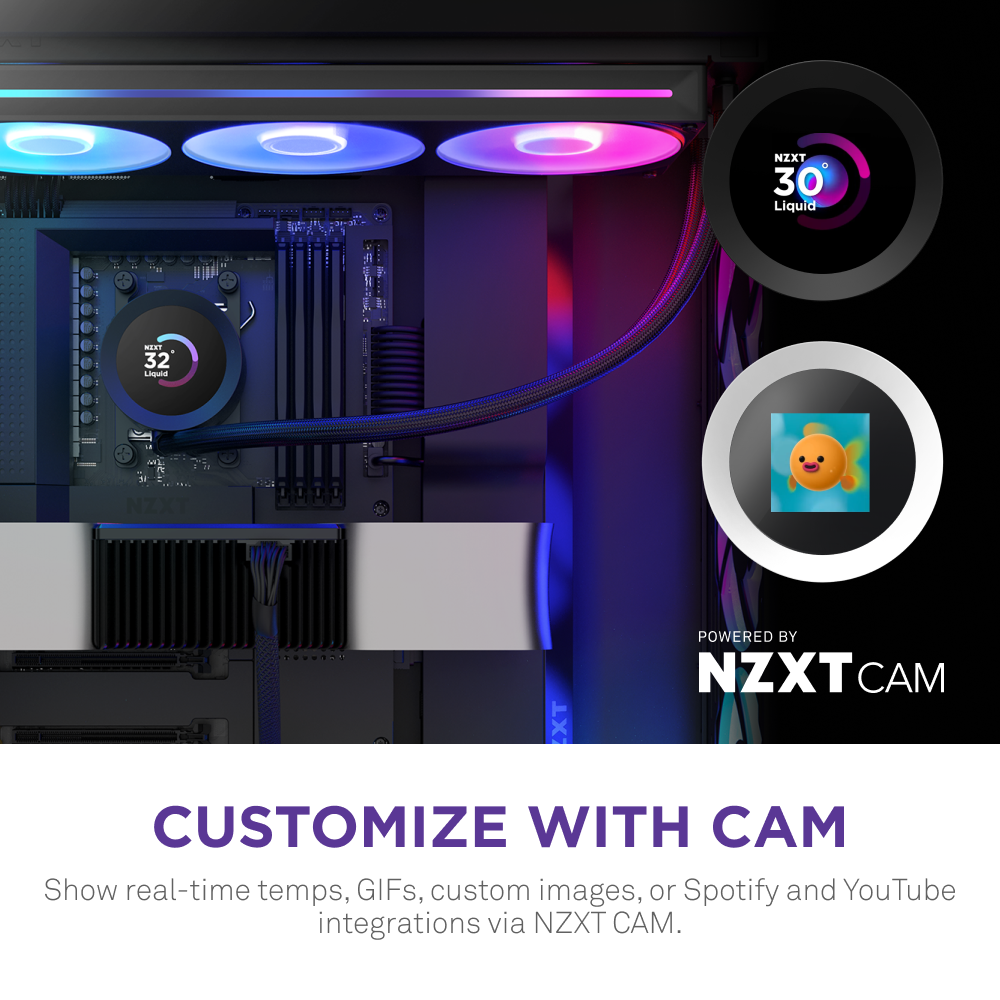 The NZXT Kraken Plus 360 RGB AIO liquid cooler features a customizable LCD screen and RGB lighting. Personalize it with NZXT CAM software to show temps, GIFs, Spotify/YouTube, or images on your CPU cooler display.