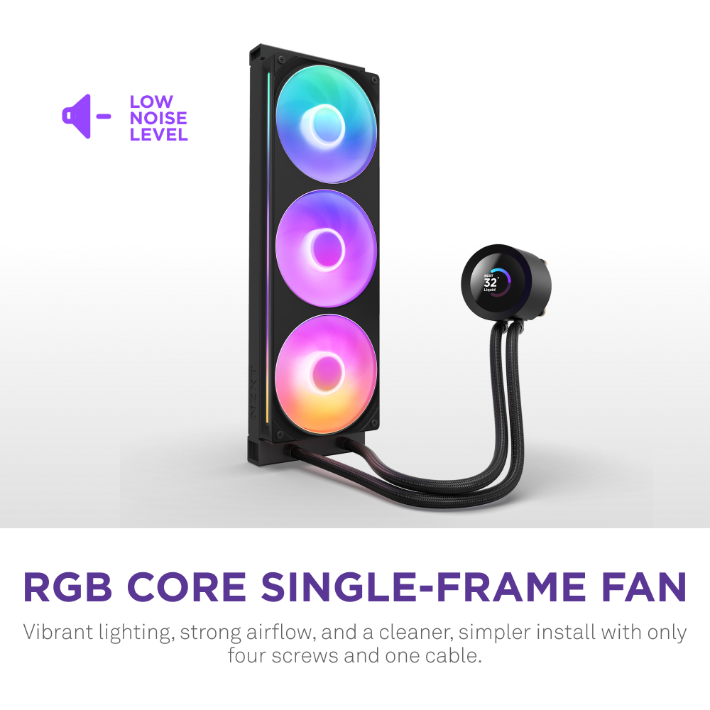 The NZXT Kraken Plus 360 RGB features triple RGB fans with vibrant lighting, strong airflow, a custom LCD screen, and quiet operation. Text below reads: RGB Core Single-Frame Fan. Vibrant lighting, strong airflow, simpler install.