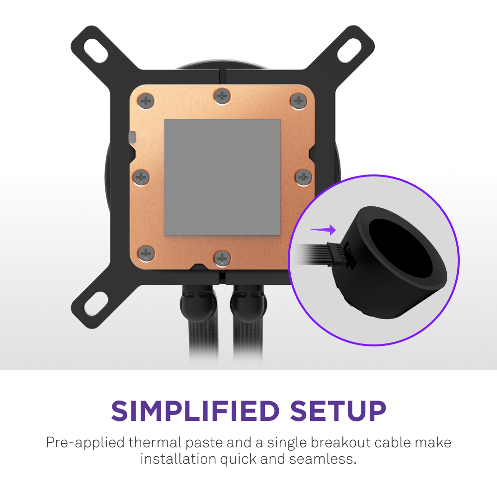 A close-up of the NZXT Kraken Plus 360 RGB AIO liquid cooler shows its copper base, thermal paste, and cables, with an inset highlighting easy cable connections. Text below reads SIMPLIFIED SETUP.