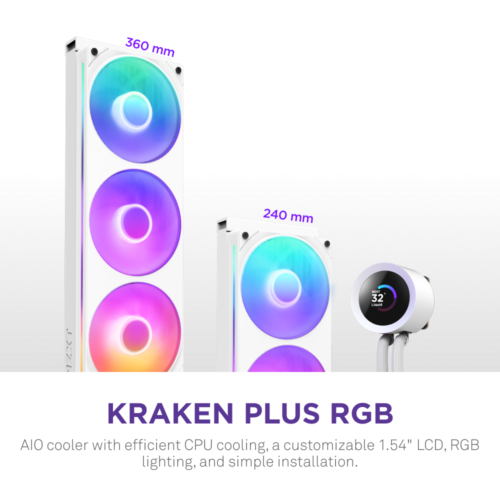 The NZXT Kraken Plus 360 RGB AIO liquid cooler, in white, is displayed next to a round custom LCD screen. Text reads: KRAKEN PLUS RGB with a brief product description below. Powered by NZXT CAM software.