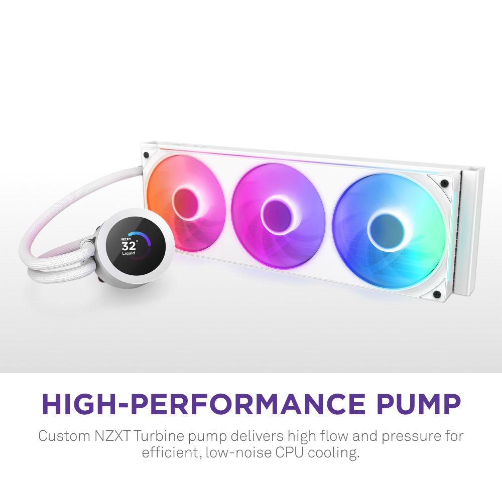 The NZXT Kraken Plus 360 RGB is a white AIO liquid cooler with three RGB fans, a custom LCD screen, and a high-performance turbine pump for efficient, quiet cooling. Enjoy brilliant RGB lighting and advanced performance.