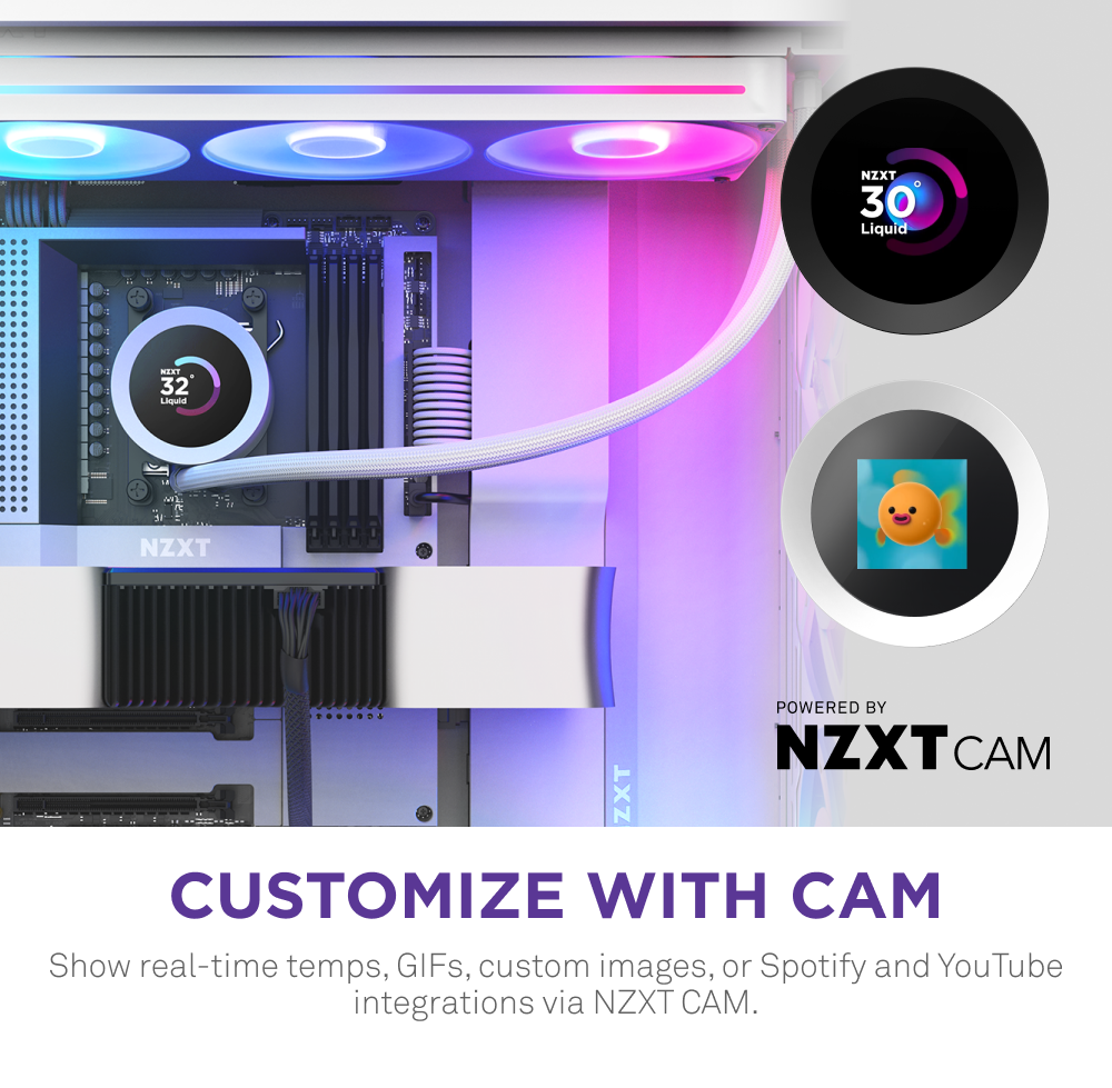 The NZXT Kraken Plus 360 RGB features RGB-lit fans and a custom LCD screen powered by NZXT CAM, displaying real-time temps, GIFs, images, or integrations like Spotify and YouTube. Personalize your setup with CAM.