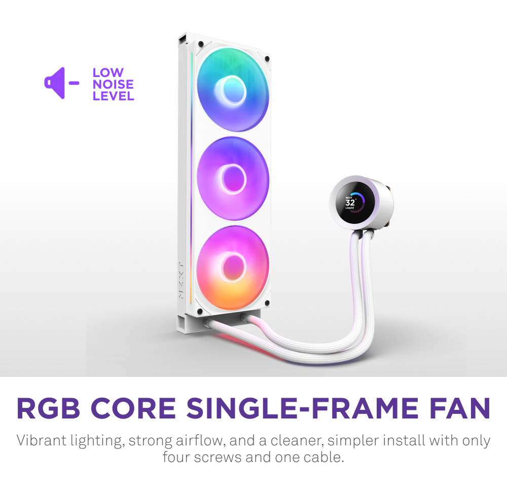 The NZXT Kraken Plus 360 RGB is a white single-frame fan with three RGB LED rings, a custom round LCD screen, and white cables. It features low noise, strong airflow, vibrant lighting effects, and easy installation.