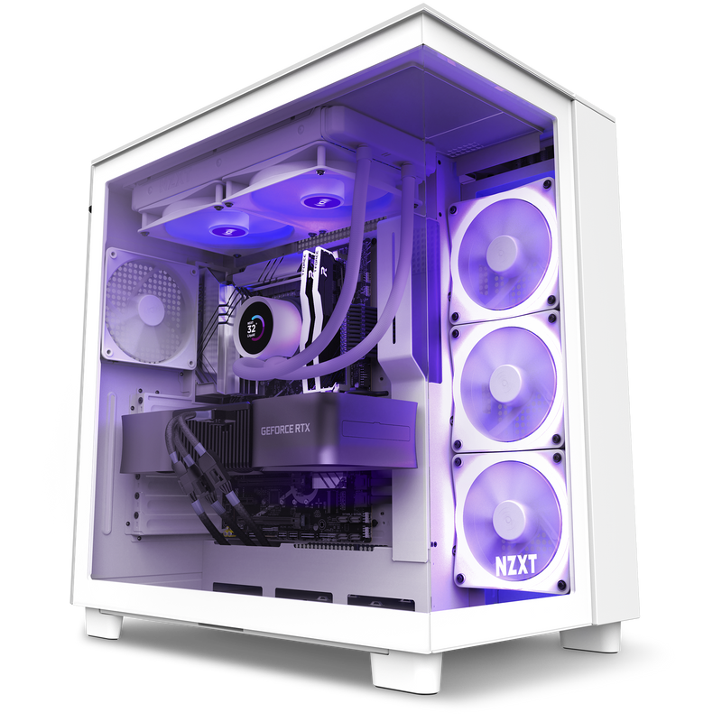 The Refurbished Custom Build - #8317 by NZXT features a white case with purple LED lighting, visible internal components, multiple cooling fans, GeForce RTX graphics, and a liquid CPU cooler—ideal for refurbished builds.