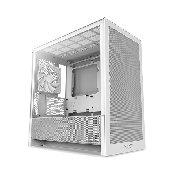 The NZXT H3 Flow, a white micro-ATX case with mesh front panel, side ventilation, and a visible rear cooling fan for high airflow, is displayed at an angle on a white background.