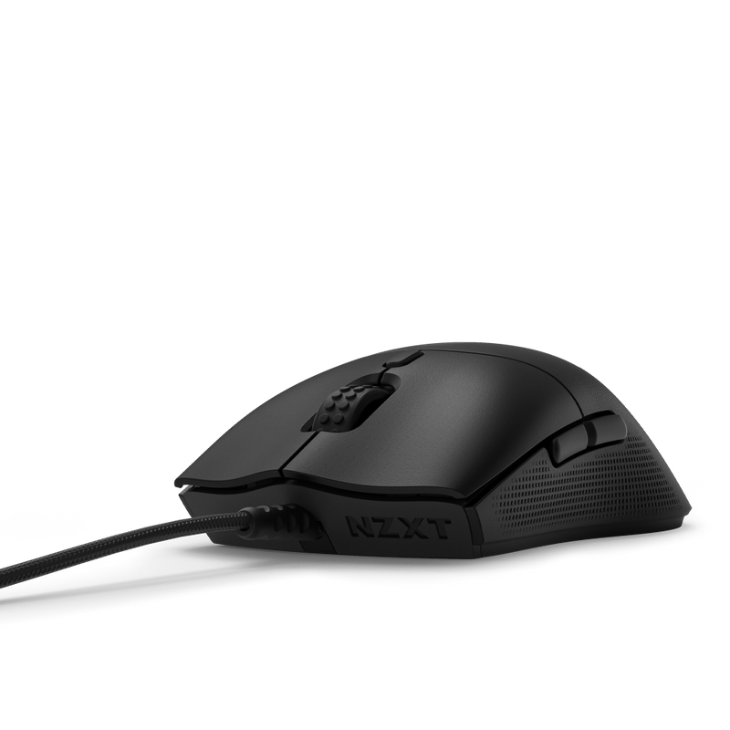 The NZXT Lift 2 Symm is a black wired mouse with an ergonomic design, optical switches, side buttons, a textured scroll wheel, and the NZXT logo on the side for precision and comfort.