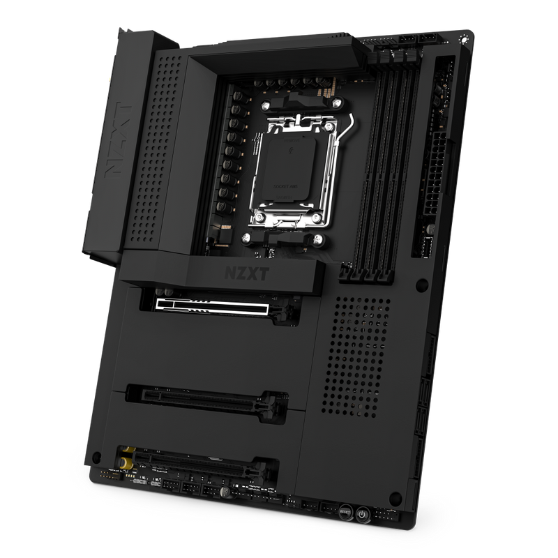 The NZXT N7 B650E motherboard is shown at an angle, highlighting its labeled RAM slots, CPU socket, PCIe slots, Wi-Fi 6E support, and various ports on a sleek black minimalist PCB design.