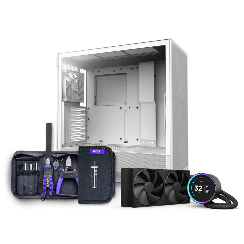 The NZXT H5 Flow + Kraken Elite 240 features a white computer case with cooling fan, a dual-fan liquid cooler, and digital display for temperature and GPU info—all set against a clean white background.