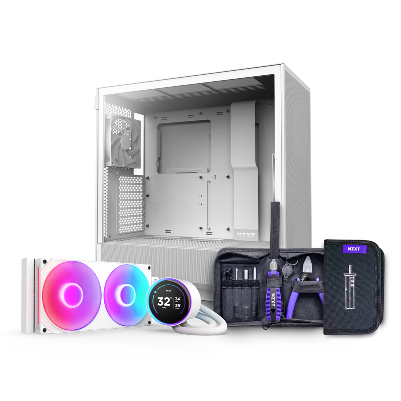 The NZXT H5 Flow + Kraken Elite 280 RGB features a white PC case with a transparent side panel, RGB fans, digital temperature display, plus a toolkit with screwdrivers, pliers, and essential GPU cooling tools.