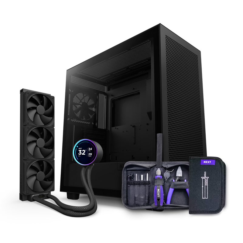 NZXT’s H7 Flow (2022) mid-tower case and Kraken Elite 360 triple-fan liquid cooler with digital display are shown alongside an open toolkit with a purple-labeled case, all set against a black background.